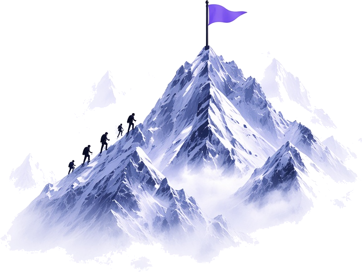 Illustrated mountain with hikers and a summit flag