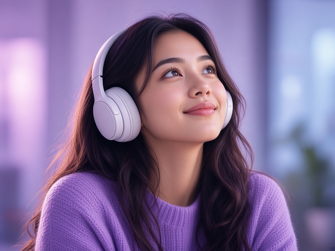 A person wearing headphones in soft purple light