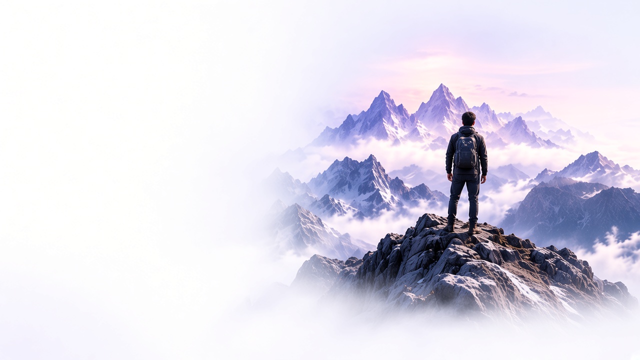 A person with a backpack standing on a mountain ridge, looking toward snowy peaks