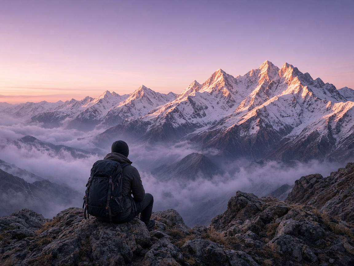 A person with a backpack sitting on a mountain viewpoint at sunrise
