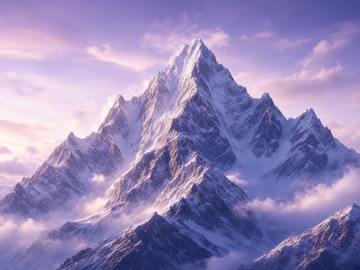 Snowy mountain peaks in lavender light