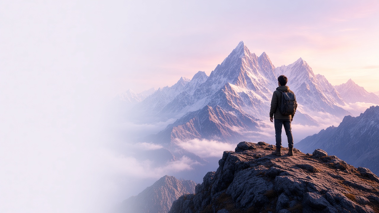 A person with a backpack standing on a mountain summit