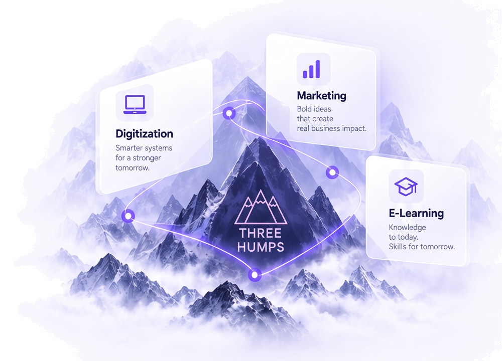 Snowy mountains with a purple path connecting Digitization, Marketing, and E-Learning