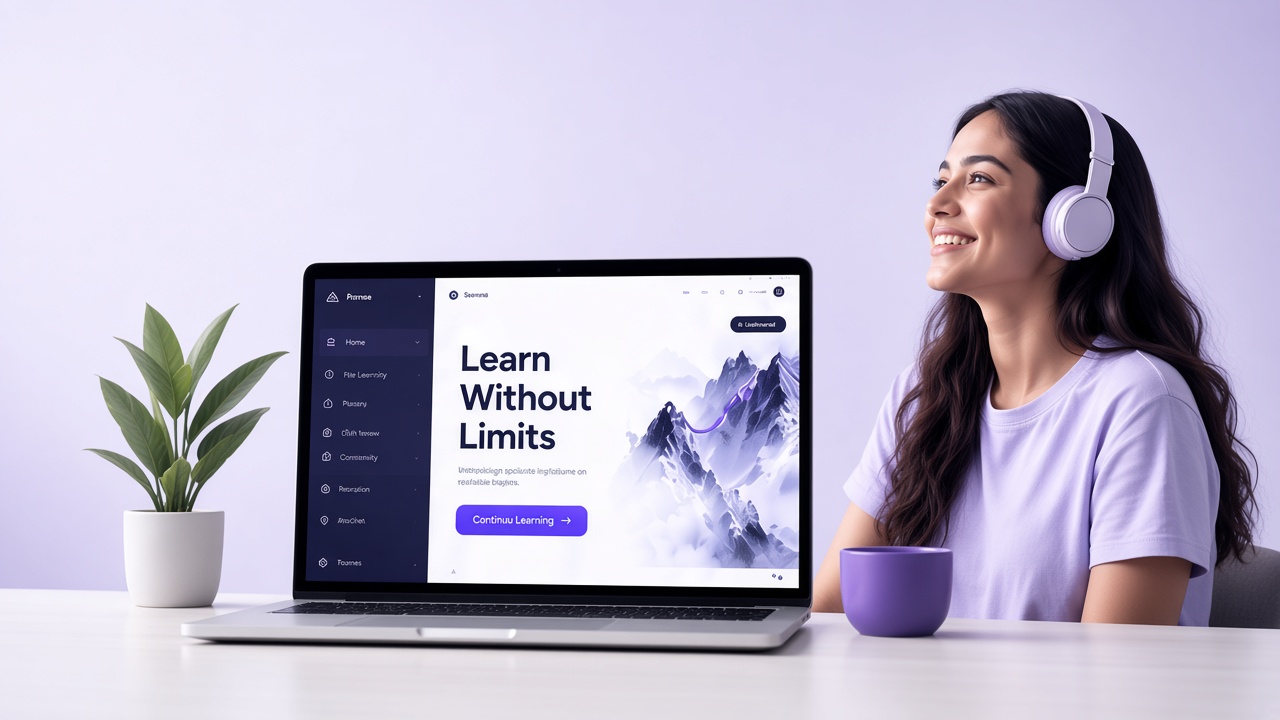 Learner using a laptop beside an e-learning dashboard