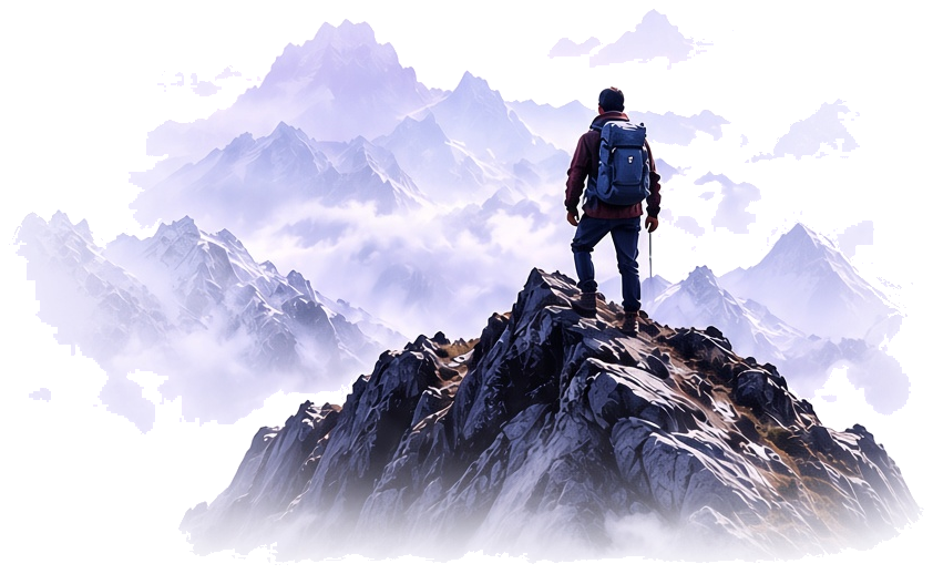 A person standing on a mountain ridge at dawn